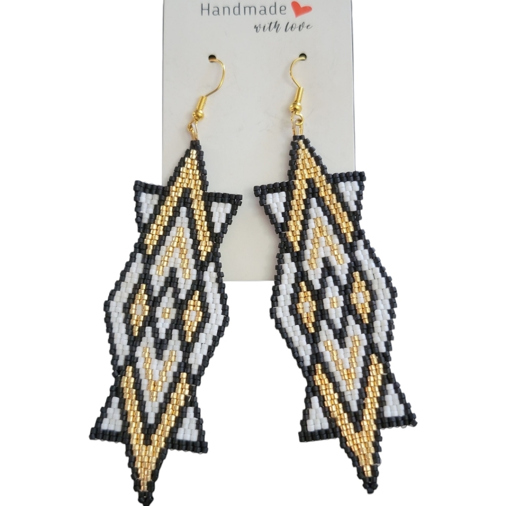 Artisan handcrafted Beaded Loom Fringe Black Gold White